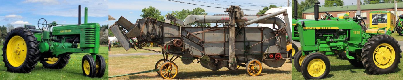 Three featured machines: a John Deere Model G tractor, a John Deere threshing machine, and a John Deere 1010 tractor