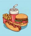 Illustration of a hot dog, burger, fries and soft drink