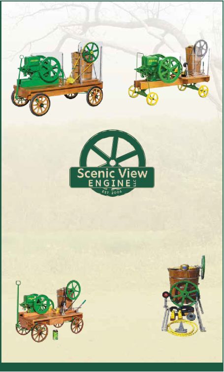 Advertisement: Scenic View Engine, LLC, 5673 County Rd 59, Millersburg, Ohio 44654. John Deere hit and miss engine with ice cream freezer. Hit and miss powered ice cream freezers, engine restoration, valve and head rebuilding, ice cream freezers and parts, complete units or parts, powdered ice cream mix. Model engine Little John on cart, and kit to build your own. Contact us for a free brochure: 330-674-2450, scenicviewengine@upwardmail.com.