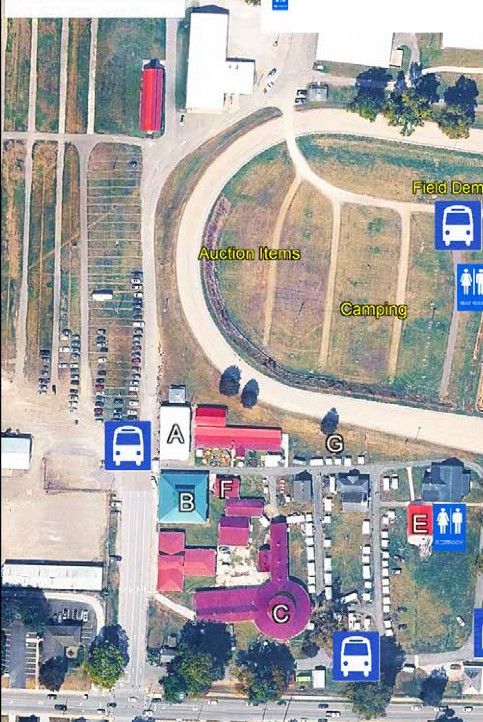 Expo grounds map, west half: A, registration building; B; C, round cattle barn; E, main restrooms; F; G, kids games; auction items, camping, field demonstrations and shuttle stops