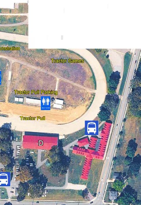 Expo grounds map, east half: D, grandstand; tractor games, tractor pull parking, tractor pull, restrooms and shuttle stops